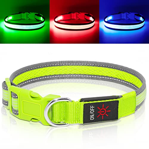Bpawser Leuchtende Hundehalsbänder LED Hundehalsband USB Wiederaufladbar Einstellbare Größe Mesh Gurtband Glow Sicherheit Basic Hundehalsbänder für große mittelgroße Hunde (L, Neongrün) von Bpawser