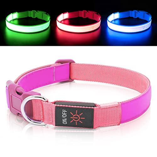 LED-Hundehalsband, beleuchtet, rotes Licht, USB, wiederaufladbar, verstellbare Größe, strapazierfähige (M, Candy Pink) von Bpawser