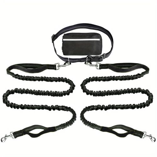Hands Free Dog Lead, Running Dog Lead with Adjustable Waist Belt, Dog Walking Belt for Medium Large Dogs, Bungee Dog Lead with Detachable Pouch for Running,Hiking (Black,Double) von Bpoeee