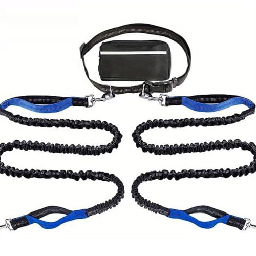 Hands Free Dog Lead, Running Dog Lead with Adjustable Waist Belt, Dog Walking Belt for Medium Large Dogs, Bungee Dog Lead with Detachable Pouch for Running,Hiking (Blue,Double) von Bpoeee