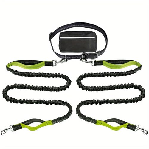 Hands Free Dog Lead, Running Dog Lead with Adjustable Waist Belt, Dog Walking Belt for Medium Large Dogs, Bungee Dog Lead with Detachable Pouch for Running,Hiking (Green,Double) von Bpoeee