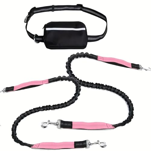 Hands Free Dog Lead, Running Dog Lead with Adjustable Waist Belt, Dog Walking Belt for Medium Large Dogs, Bungee Dog Lead with Detachable Pouch for Running,Hiking (Pink,Double) von Bpoeee