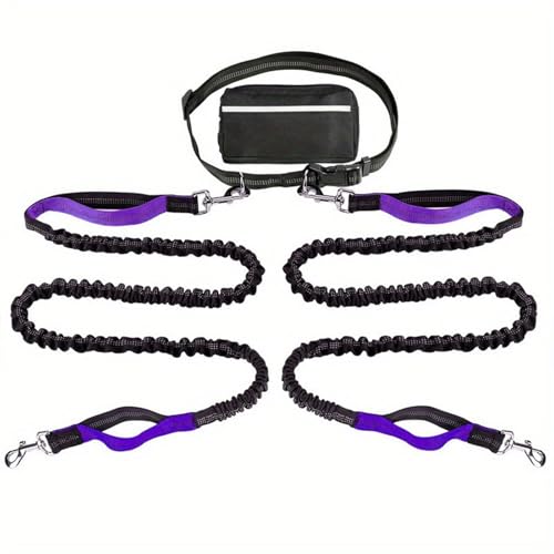 Hands Free Dog Lead, Running Dog Lead with Adjustable Waist Belt, Dog Walking Belt for Medium Large Dogs, Bungee Dog Lead with Detachable Pouch for Running,Hiking (Purple,Double) von Bpoeee