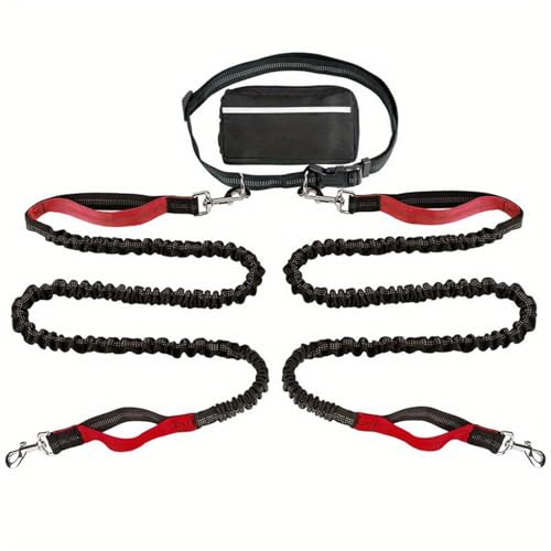 Hands Free Dog Lead, Running Dog Lead with Adjustable Waist Belt, Dog Walking Belt for Medium Large Dogs, Bungee Dog Lead with Detachable Pouch for Running,Hiking (Red,Double) von Bpoeee