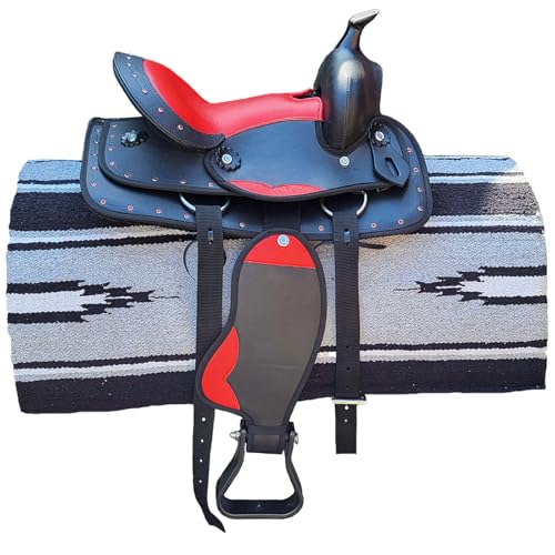Brama West Kinder Westernsattel Little Cowboy mit Decke | Kindersattel mit Strasssteinen & Steigbügel | ideal für Holzpferd & Pony | Schwarz/Rot von Brama West
