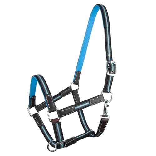 Brama West Pferderhalfter Ruby - 2 Fach verstellbar - mit Leder - Weidehalfter - Hellblau - Gr. Cob von Brama West