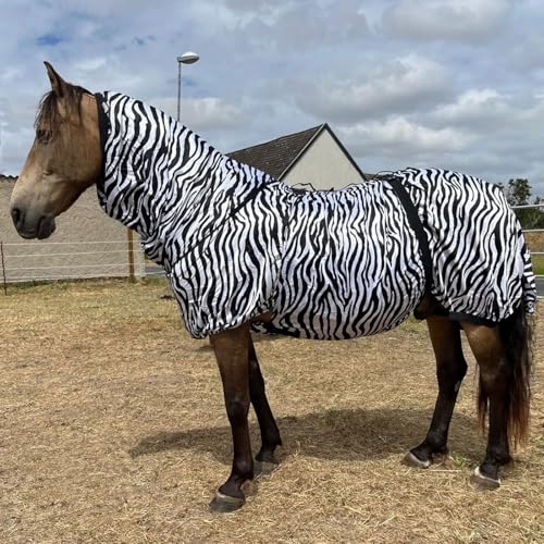 Ekzemerdecke Pferd Zebra mit Halsteil | elastische Einsätze, Bauchlatz & Schweiflatz | Insektenschutz Decke für Sommer | Atmungsaktiv (110) von Brama West