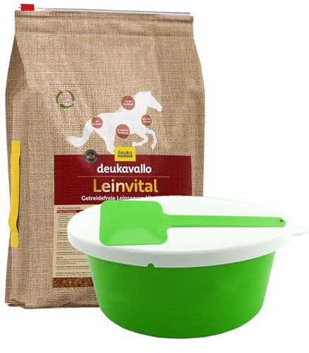 Futterset Pferd – deukavallo Leinvital getreidefrei 6 kg + Futterschale mit Deckel (5 kg) + Mashlöffel – Ergänzungsfutter für Verdauung, Fellwechsel & Muskelaufbau von Brama West