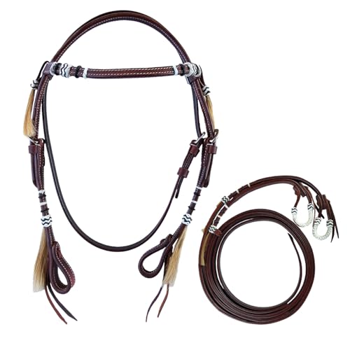 Westerntrense „Wyatt“ – Elegante Ledertrense im klassischen Westernstil - mit weißen Kontrastnähten, Rawhide-Dekor & Pferdehaarquasten – Braun, inkl. Splitzügel (Full (Warmblut)) von Brama West
