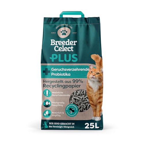 Breeder Celect Plus Natürliches Katzenstreu mit Geruchsbindenden Probiotika (25L) - 99% Recyclingpapier, Hochabsorbierendes Streu/Einstreu, Weich & Geeignet für Kätzchen, Nicht klumpend von BreederCelect
