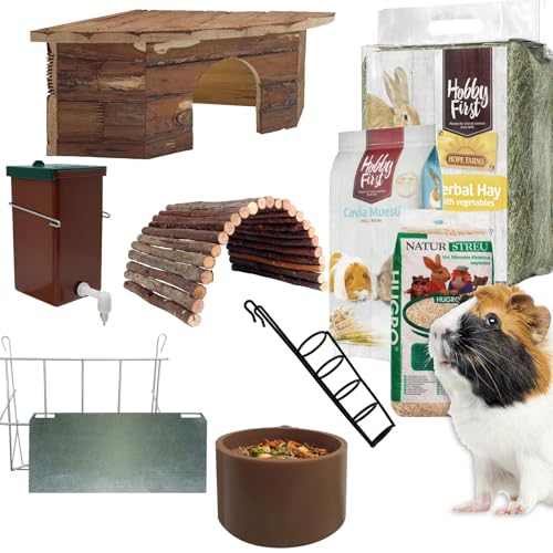 Breker Komplettset Meerschweinchen & Nager – Kleintierhaus, Weidenbrücke, Heu, Müsli, Tränke, Napf, Heuraufe, Möhrenhalter & Hanfeinstreu – Zubehör-Set für artgerechte Haltung von Breker