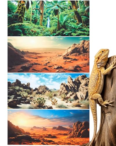 Breling 4 Stück 45,7 x 91,4 cm Reptilien-Habitat-Hintergrund mit Nano-Kleber, Gobi-Sonnen-Kaktus-Stein und grünem Baum, Farn, Bachlauf-Terrarium-Hintergrund, Polyester, langlebiges Aquarium-Zubehör von Breling