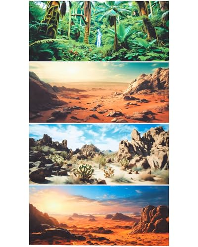 Breling Reptilien-Habitat-Hintergrund mit Nano-Kleber, Gobi-Sonne-Kaktus-Stein und grüner Baum, Farn, Bachlauf-Terrarium-Hintergrund, Polyester, langlebig, Aquarium-Zubehör, 4 Stück von Breling