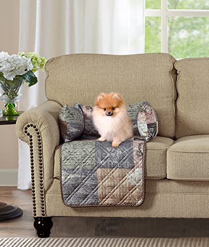 Brilliant Sunshine Latte Grey Paris and Toile Floral Patchwork Pet Sofa Bed, Quilted, Slip Resistant, Washable Couch Protector with Bolster Cushions, Furniture Cover for Dogs, Cats, Small, Latte Grey von Brilliant Sunshine