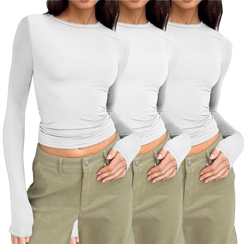 3 Pack Langarmshirt Damen Elegant, Crop Top Langarm Schwarz, Oberteile Bauchfreie Eng Tee Shirts Longsleeve Rundhals Top Y2K Athletisch Stockholm Style Clothes Solid Klassisch Streetwear Lounge 3 Pack Langarmshirt Damen Elegant, Crop Top Langarm Schwarz, Oberteile Bauchfreie Eng Tee Shirts Longsleeve Rundhals Top Y2K Athletisch Stockholm Style Clothes Solid Klassisch Streetwear Lounge von Briskorry