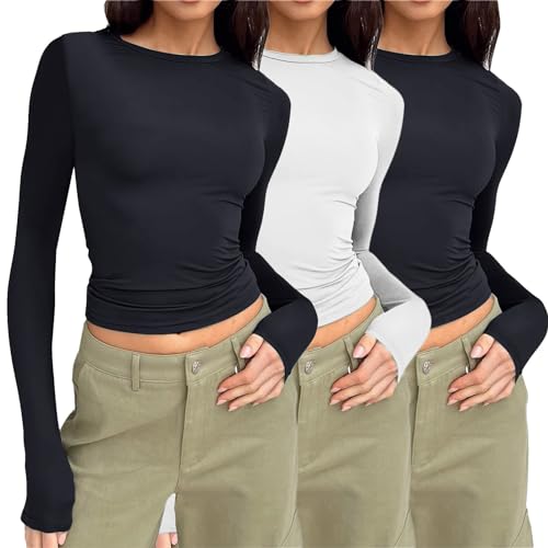 3 Pack Langarmshirt Damen Schwarz, Crop Top Damen Y2K, Oberteil Bauchfreies Slim Fit T Shirts Rundhalsausschnitt Langarm Shirts Elegant Y2K Stockholm Style Clothes Klassischer Einfarbiger Streetwear 3 Pack Langarmshirt Damen Schwarz, Crop Top Damen Y2K, Oberteil Bauchfreies Slim Fit T Shirts Rundhalsausschnitt Langarm Shirts Elegant Y2K Stockholm Style Clothes Klassischer Einfarbiger Streetwear von Briskorry