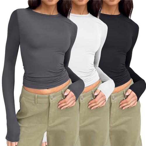 3 Pack Langarmshirt Damen Schwarz, Crop Top Damen Y2K, Oberteil Bauchfreies Slim Fit T Shirts Rundhalsausschnitt Langarm Shirts Elegant Y2K Stockholm Style Clothes Klassischer Einfarbiger Streetwear 3 Pack Langarmshirt Damen Schwarz, Crop Top Damen Y2K, Oberteil Bauchfreies Slim Fit T Shirts Rundhalsausschnitt Langarm Shirts Elegant Y2K Stockholm Style Clothes Klassischer Einfarbiger Streetwear von Briskorry