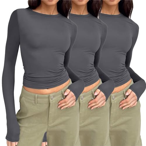 3 Pack Longsleeve Damen Eng, Crop Top Langarm Damen, Oberteil Bauchfreies Enges Tee Shirts Rundhalsausschnitt Langarm Shirt Y2K Athletische Stockholm Style Clothes Klassischer Solide Streetwear 3 Pack Longsleeve Damen Eng, Crop Top Langarm Damen, Oberteil Bauchfreies Enges Tee Shirts Rundhalsausschnitt Langarm Shirt Y2K Athletische Stockholm Style Clothes Klassischer Solide Streetwear von Briskorry
