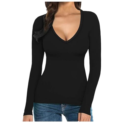Briskorry Damen Langarmshirt Y2K, Crop Top Schwarz Langarm, Oberteil Eng Dehnbar Tee Shirts Langen Ärmeln V-Ausschnit Tops Skims Sexy Clean Girl Klamotten Solid Klassisch Streetwear Teenager Mädchen Briskorry Damen Langarmshirt Y2K, Crop Top Schwarz Langarm, Oberteil Eng Dehnbar Tee Shirts Langen Ärmeln V-Ausschnit Tops Skims Sexy Clean Girl Klamotten Solid Klassisch Streetwear Teenager Mädchen von Briskorry