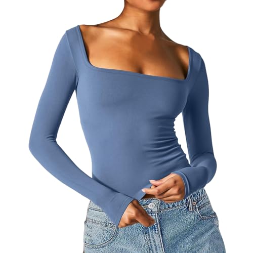 Briskorry Langarmshirt Damen Elegant, Crop Tops Damen Langarm, Oberteile Dehnbar Enges Tee Shirts Long Sleeve Quadratischer Ausschnitt Blusen Skims Clean Girl Klamotten Klassischer Solid Streetwear Briskorry Langarmshirt Damen Elegant, Crop Tops Damen Langarm, Oberteile Dehnbar Enges Tee Shirts Long Sleeve Quadratischer Ausschnitt Blusen Skims Clean Girl Klamotten Klassischer Solid Streetwear von Briskorry