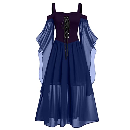 Briskorry Mittelalter Kleid Mädchen, Renaissance Kleid Damen Sommer, Gothiches Kleid Spitze Vintage Maxikleid Trompete Ärmel Gesmokte Taille Partykleid Off Shoulder Frabblock Fasching Kostüm Cosplay von Briskorry