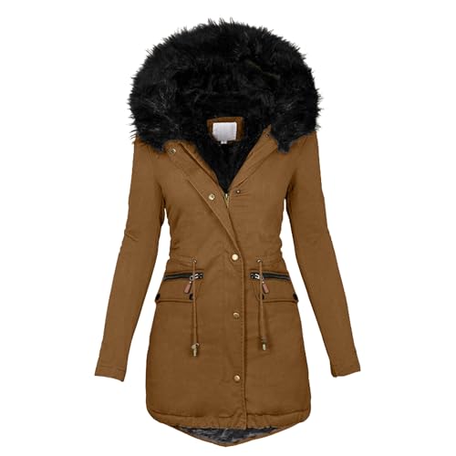 Briskorry Winterjacke Damen mit Fellkapuze, Steppjacke Mädchen, Steppmantel Warmer mit Kapuze Trenchcoat Zipper Langarm Steppparka Lässige Grosse Grössen Bomberjacke Elegante Coat Teenager Mädchen von Briskorry