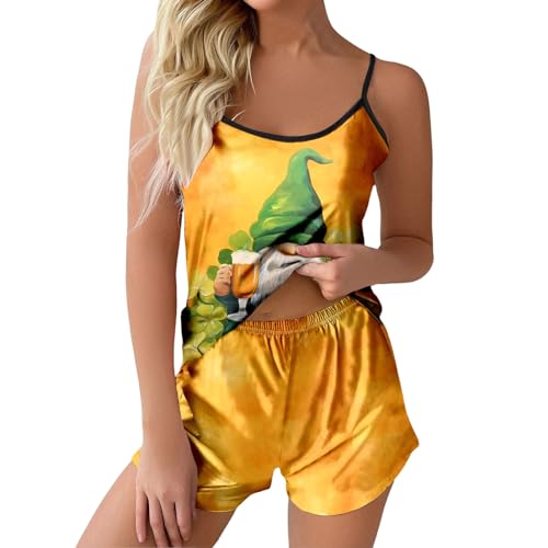 Briskorry Womens Pyjamas, Satin Schlafanzug Damen, Pyjama Set Shorty Zweiteiler Nachtwäsche V Ausschnitt Sexy Cami Sleepshirt und Pyjamahosen Loungewear Bequemer Casual Lingerie Aufdruck Halloween von Briskorry