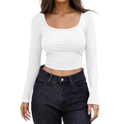 Damen Langarmshirt Weiß, Crop Top Langarm Sexy, Oberteil Eng Bauchfreie T-Shirts Quadratischer Ausschnitt Long Sleeve Bluse Y2K Elegant Stockholm Style Clothes Klassisch Einfarbiges Streetwear Damen Langarmshirt Weiß, Crop Top Langarm Sexy, Oberteil Eng Bauchfreie T-Shirts Quadratischer Ausschnitt Long Sleeve Bluse Y2K Elegant Stockholm Style Clothes Klassisch Einfarbiges Streetwear von Briskorry
