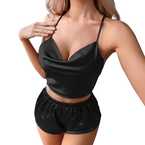 Damen Shorty Pyjama Kurz, Satin Schlafanzug Damen, Pjs Kurz Zweiteiler Nachtwäsche Sexy V-Ausschnit Spaghetti-Träge Sleepshirt und Pyjamahosen Hausanzug Lässiges Morgenmantel Einfarbig Halloween von Briskorry