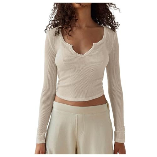 Langarmshirt Damen Elegant, Crop Top Langarm Sexy, Oberteile Bauchfreie Slim Fit T Shirts V-Ausschnit Long Sleeve Top Aesthetic Y2K Clean Girl Klamotten Klassische Einfarbige Streetwear Lounge Langarmshirt Damen Elegant, Crop Top Langarm Sexy, Oberteile Bauchfreie Slim Fit T Shirts V-Ausschnit Long Sleeve Top Aesthetic Y2K Clean Girl Klamotten Klassische Einfarbige Streetwear Lounge von Briskorry