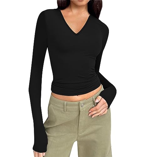 Longsleeve Damen Sport, Crop Top Y2K, Oberteil Slim Fit Bauchfreies Tee Shirt V-Ausschnit Lange Ärmel Blusen Y2K Aesthetic Unterziehshirt Einfarbige Klassisch Streetwear 2024 Longsleeve Damen Sport, Crop Top Y2K, Oberteil Slim Fit Bauchfreies Tee Shirt V-Ausschnit Lange Ärmel Blusen Y2K Aesthetic Unterziehshirt Einfarbige Klassisch Streetwear 2024 von Briskorry