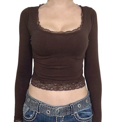 Oberteile Damen Langarm, Crop Tops Damen Sexy Langarm, Oberteile Bauchfreie Enges T Shirt Rechteckiger Ausschnitt Langen Ärmeln Top Y2K Elegant Clean Girl Klamotten Solid Spitzenbesatz Streetwear Oberteile Damen Langarm, Crop Tops Damen Sexy Langarm, Oberteile Bauchfreie Enges T Shirt Rechteckiger Ausschnitt Langen Ärmeln Top Y2K Elegant Clean Girl Klamotten Solid Spitzenbesatz Streetwear von Briskorry