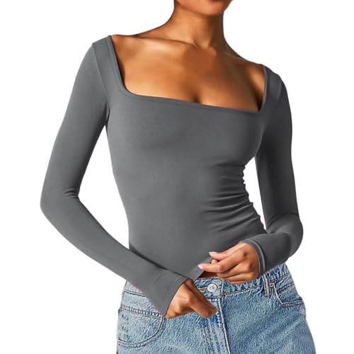 Y2K Top Longsleeve, Crop Tops Y2K, Oberteil Stretch Enges Tshirts Langärmelig Quadratischer Ausschnitt Blusen Sexy Y2K Unterziehshirt Basic Einfarbiges Streetwear Lässiges Y2K Top Longsleeve, Crop Tops Y2K, Oberteil Stretch Enges Tshirts Langärmelig Quadratischer Ausschnitt Blusen Sexy Y2K Unterziehshirt Basic Einfarbiges Streetwear Lässiges von Briskorry
