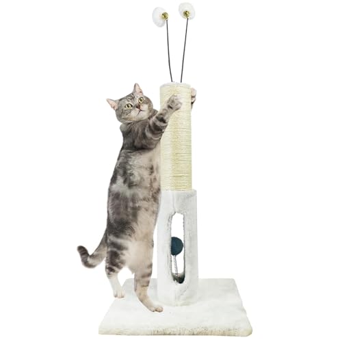 Kratzbaum für Katzen, 34 Zoll, robuster und dickerer Katzenkratzbaum, Baumwollseil mit hängendem Ball und Mäusenkratzbaum für Indoor-Katzen und Erwachsene (Weiß, 63,5 cm H) von Britepaws