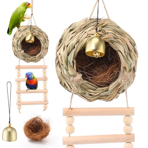 Briwooody Vogelhaus zum Aufhängen, mit Leiter, Gras, handgewebt, Vogelnest, Brutnest, Sittich, Bett, Käfig, Anti-Pecken, mit natürlicher Kokosfaser, Glocke für Papageien, Wellensittiche, Finken von Briwooody
