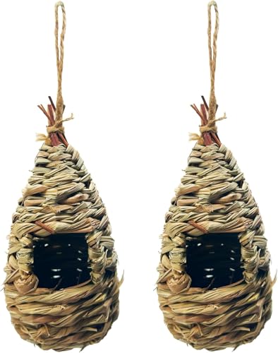 2er Set Nistkasten für Wildvögel, Vogelnest Gras, Vogelhaus zum Aufhängen, Brutkasten für Vögel für Draußen, Handgewebte Vogelhütte für Meise, Spatzen, Kanarienvogel, Wellensittich und Amsel (11x24cm) von BrooBirder