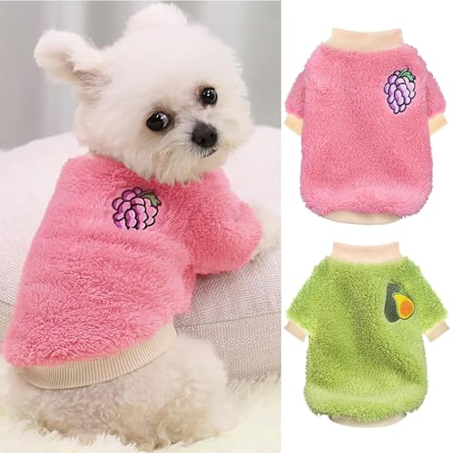 Hundepullover für kleine Hunde Mädchen, 2er Pack Fleece Hundepulli für Herbst & Winter, Warme Welpenkleidung, Süße Hundemantel, Hundebekleidung mit Obstmuster (Avocados, Trauben,XS) von BrooBirder