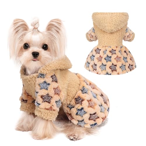 Hundpullover Kleine Hunde, Hund Hoodie Fleece, Hundemantel Winter Herbst, Warme Hunde Pulli, Welpen Kleidung für Chihuahua Yorkie Bulldoggen, Katze Pullover Kostüm (Sterne Khaki,XXS) von BrooBirder