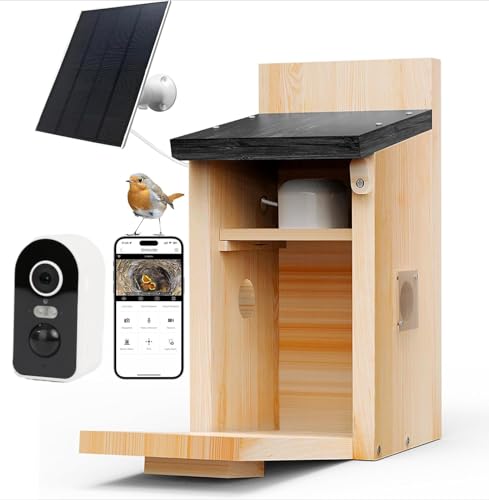 Vogelhaus mit 3K Kamera Solar, Nistkasten für vögel für draußen wetterfest, 2,4G WiFi & App Benachrichtigung, Video/Fotoaufnahme & Bewegungserkennung, Beobachten Sie das Nisten und Schlüpfen von BrooBirder
