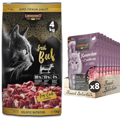 LEONARDO Fresh Duck & Poultry [4kg] + Leonardo Frischebeutel [8x85g Kaninchen + Cranberries] Katzenfutter | Trockenfutter mit 85% Frischfleisch für Katzen | Alleinfuttermittel für ausgewachsene Katzen von BrosMart