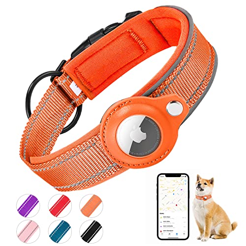 Brovamo Gepolstertes Hundehalsband für AirTag, Apple Airtag Reflektierendes Halsband Hund, Integriertes Air Tag für kleine, Mittelgroße und Große Hunde, [Orange – Größe L] von Brovamo