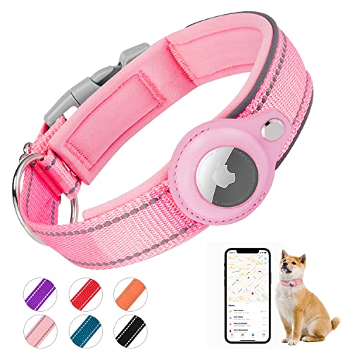 Brovamo Gepolstertes Hundehalsband für AirTag, Apple Airtag Reflektierendes Halsband Hund, Integriertes Air Tag für kleine, Mittelgroße und Große Hunde, [Pink – Größe L] von Brovamo