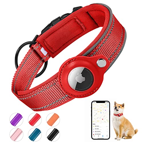 Brovamo Gefülltes Hundehalsband für AirTag, Apple Airtag Reflektierendes Hundehalsband, Integriertes Airtag für kleine, mittelgroße und große Hunde, [Rot ​​– Größe XL] von Brovamo