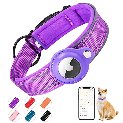 Brovamo Gepolstertes Hundehalsband für AirTag, Apple Airtag Reflektierendes Hundehalsband, Integriertes Airtag für kleine, mittlere und große Hunde, [Lila – Größe L] von Brovamo