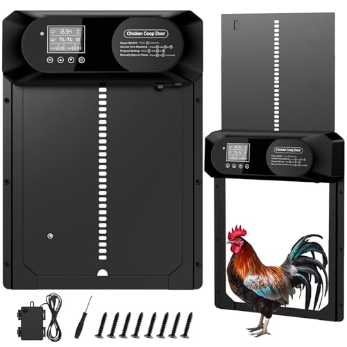 Hühnerklappe Automatisch Hühnertür, Aluminum Elektrische Hühnerklappe Batterie, Automatische Hühnerklappe mit Wasserdicht Großes Display, Timer, Manuelle, Intelligenter Einklemmschutz von BrsInse