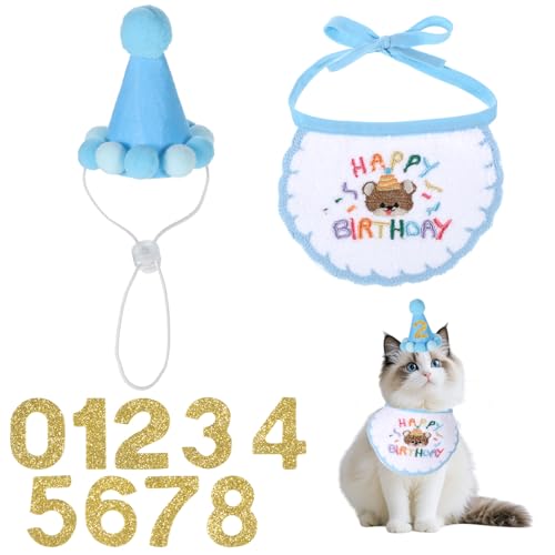 Katzen-Geburtstagshut, Bandana, Schal mit Zahl, Partyhut, Hundekostüm, niedliches Kätzchen, Welpe, Lätzchen, Schal, Party-Dekorationsset für kleine, mittelgroße Katzen und Hunde, Blau Katzen-Geburtstagshut, Bandana, Schal mit Zahl, Partyhut, Hundekostüm, niedliches Kätzchen, Welpe, Lätzchen, Schal, Party-Dekorationsset für kleine, mittelgroße Katzen und Hunde, Blau von Bruislard
