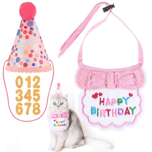 Katzen-Geburtstagshut, Bandana-Schal mit Zahl, Partyhut, Hundekostüm, niedliches Kätzchen-Welpen-Lätzchen, Schal, Party-Dekorationsset für kleine, mittelgroße Katzen und Hunde, Rosa Katzen-Geburtstagshut, Bandana-Schal mit Zahl, Partyhut, Hundekostüm, niedliches Kätzchen-Welpen-Lätzchen, Schal, Party-Dekorationsset für kleine, mittelgroße Katzen und Hunde, Rosa von Bruislard