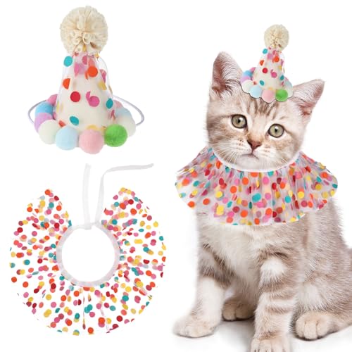 Katzen-Geburtstagshut und Bandana-Schal, Katzen-Geburtstags-Outfit, Partyhut, Hunde-Prinzessin-Kostüme, niedliches Spitzen-Lätzchen, Schal, Party-Dekorationsset für kleine, mittelgroße Katzen und Katzen-Geburtstagshut und Bandana-Schal, Katzen-Geburtstags-Outfit, Partyhut, Hunde-Prinzessin-Kostüme, niedliches Spitzen-Lätzchen, Schal, Party-Dekorationsset für kleine, mittelgroße Katzen und von Bruislard
