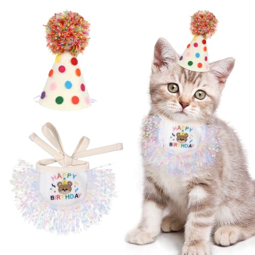 Katzen-Geburtstagshut und Bandana-Schal, Katzen-Geburtstags-Outfit, Partyhut, Hundekostüme, niedliches Spitzen-Lätzchen, Schal, Party-Dekorationsset für kleine, mittelgroße Katzen und Hunde Katzen-Geburtstagshut und Bandana-Schal, Katzen-Geburtstags-Outfit, Partyhut, Hundekostüme, niedliches Spitzen-Lätzchen, Schal, Party-Dekorationsset für kleine, mittelgroße Katzen und Hunde von Bruislard