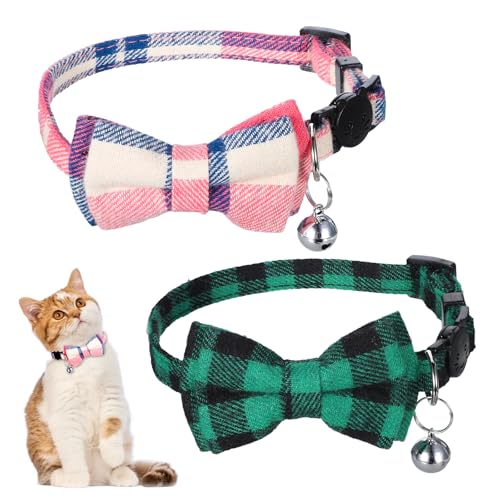 Katzenhalsband, abnehmbar, weich, mit Fliege, kariert, verstellbare Sicherheitshalsbänder mit Glöckchen, für Mädchen und Jungen, Katzen, Welpen, 2 Stück (Grün und Rosa) von Bruislard